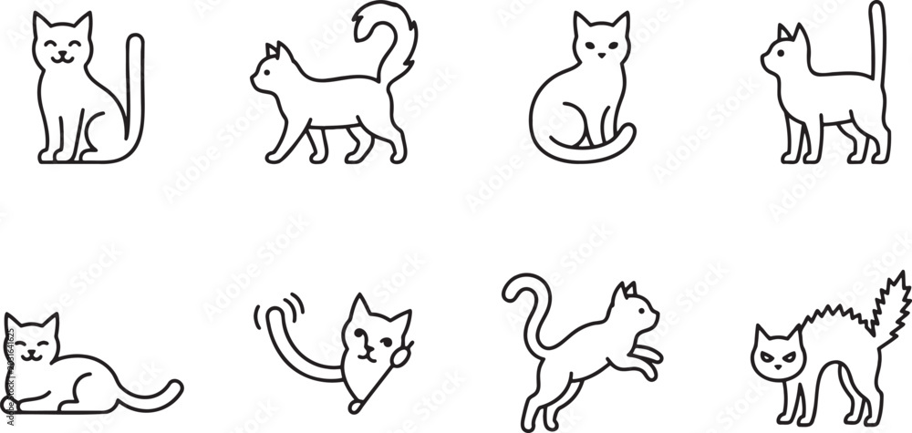Obraz premium Cats in various walking and pouncing movement line icons