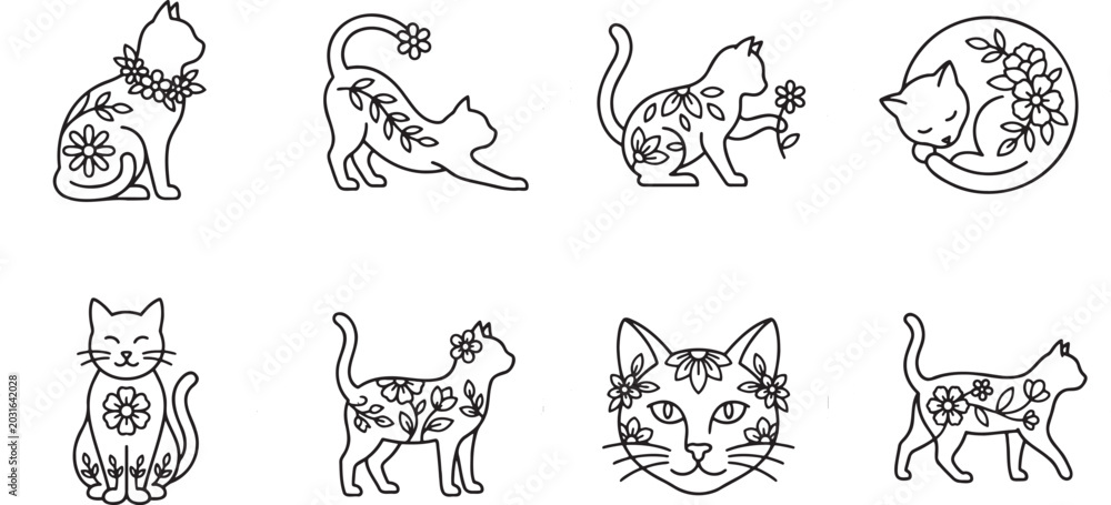 Fototapeta premium Elegant cats decorated with floral patterns and blossoms