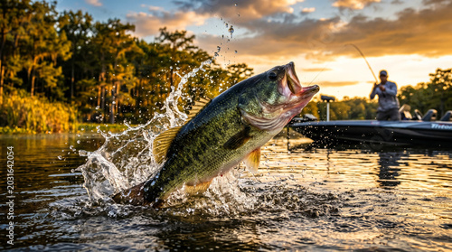 Largemouth bass leaping from water during sunset fishing trip