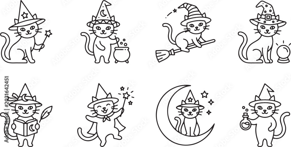 Obraz premium Spooky witch cats with wizard hats and magic cauldrons