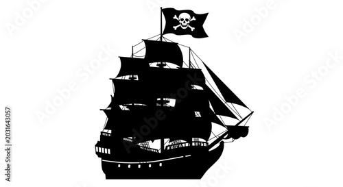 Quadro su tela Silhouette Pirate Ship with Jolly Roger Flag