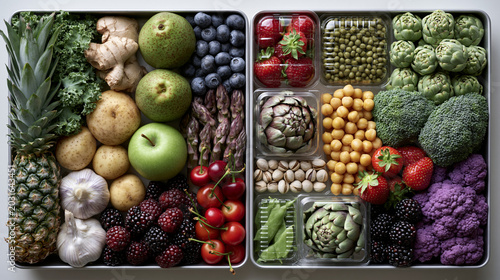 Fresh produce from multiple continents arranged in a neat before-and-after flat lay on sterile white background, left side showing raw unprocessed goods, right side showing packaged distribution-rea
