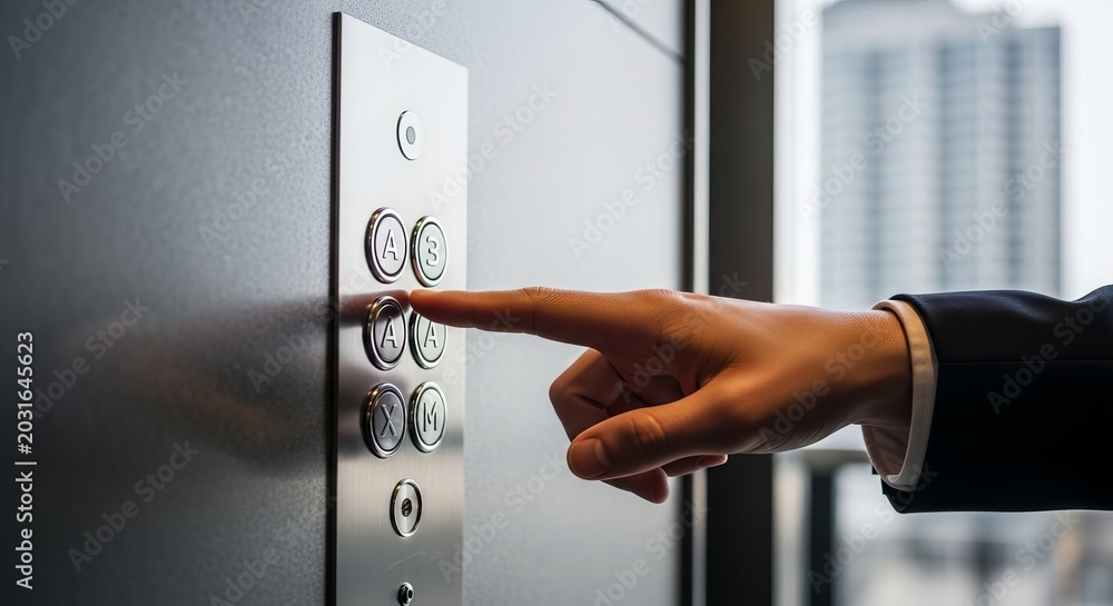 Naklejka premium Close-up of a person's finger pressing a button on a modern elevator control panel to select a floor