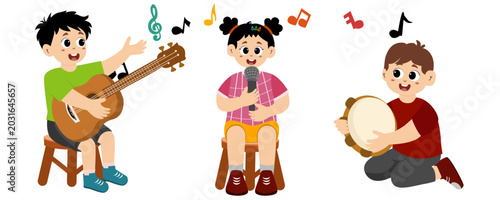 Fotografía Little girl singing with little boys playing guitar and tambourine a happy smile