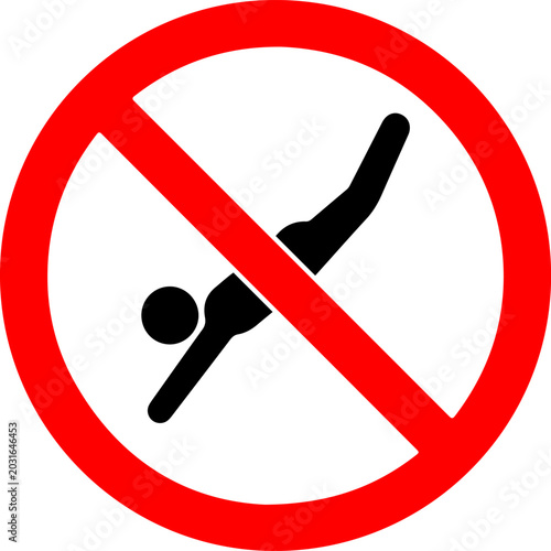 Foto No diving sign vector icon with a red prohibition circle, indicating a restricted area for jumping or diving into water, suitable for swimming pools, beaches, and deep lakes
