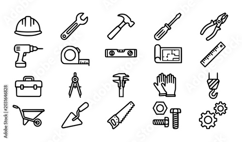 Fotografía Industrial Hardware Tools and Construction Equipment Line Icon Set featuring Ham