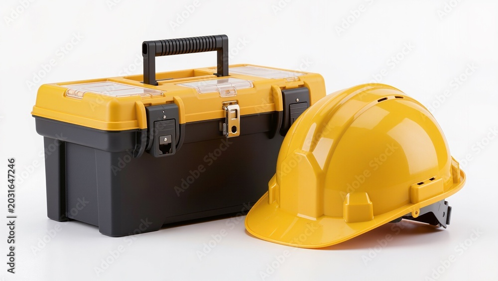 Naklejka premium Yellow hard hat and black toolbox positioned on a white background, showcasing essential safety equipment for construction and maintenance tasks