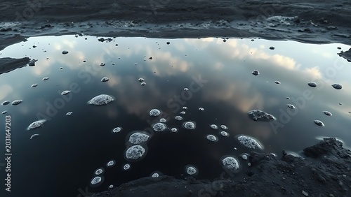 Black slurry pool in a coal mining area with bubbles on the surface.