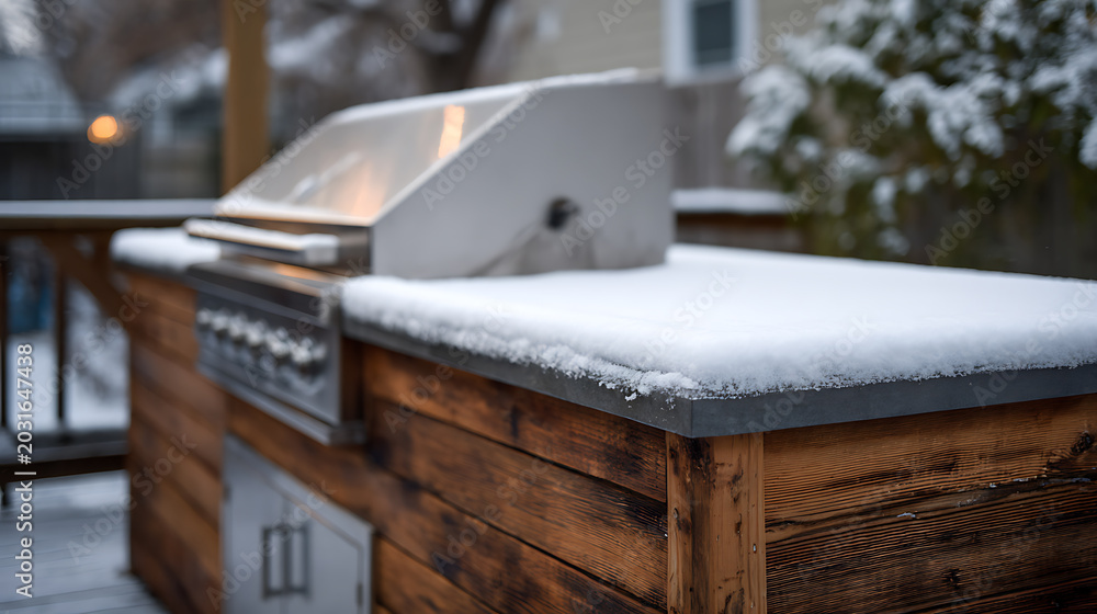 Obraz premium Outdoor kitchen island with stainless steel grill covered in fresh white snow on a cold winter day. Modern rustic design amidst nature