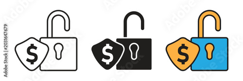 Opened Padlock and Money Shield. Financial access icon set featuring an opened padlock and dollar shield for withdrawal or unlocked assets.