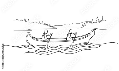 Two people rowing a simple canoe on calm water with distant land isolated on transparent background, Vector, illustration silhouette one line art design editable