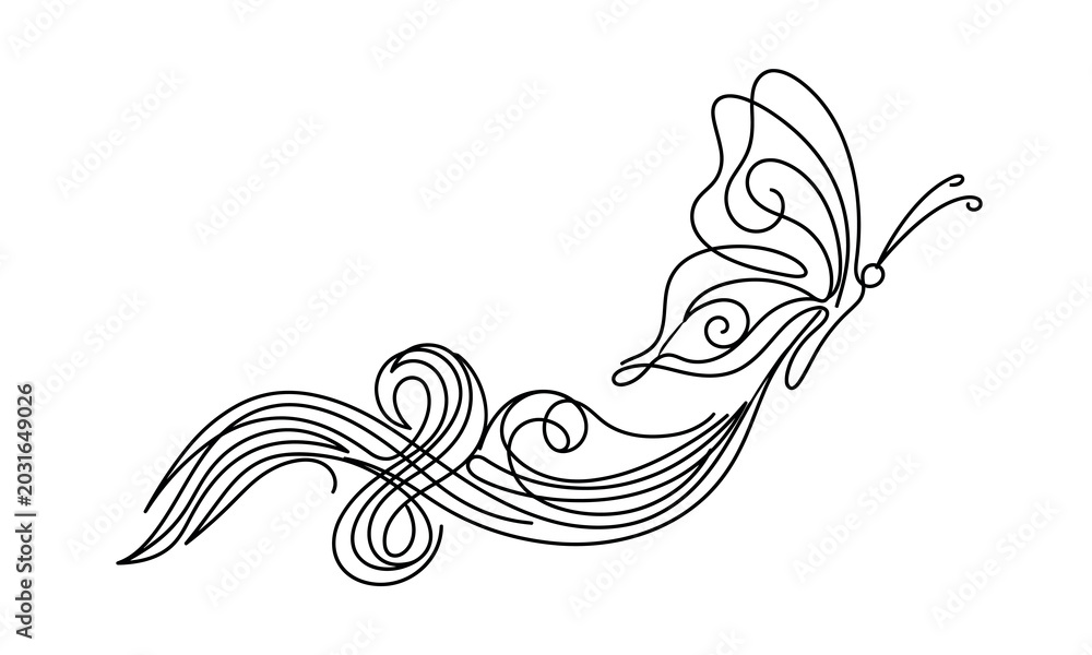 Fototapeta premium Elegant butterfly with flowing ribbon design in black and white isolated on transparent background, Vector, illustration silhouette one line art design editable