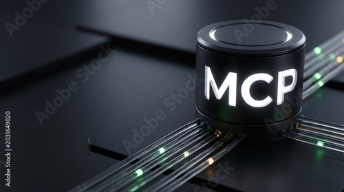 Futuristic MCP server and protocol network core with glowing data pipelines and glass cables