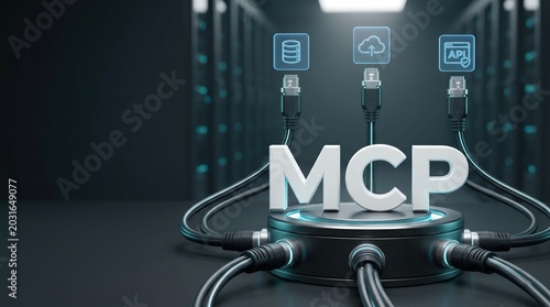 3d MCP text on metallic hub with glowing data cables and icons, MCP server, protocol network infrastructure connection