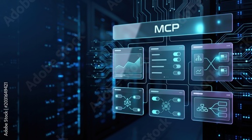 UI dashboard with MCP header and glass connectivity maps, MCP server, protocol network configuration interface
