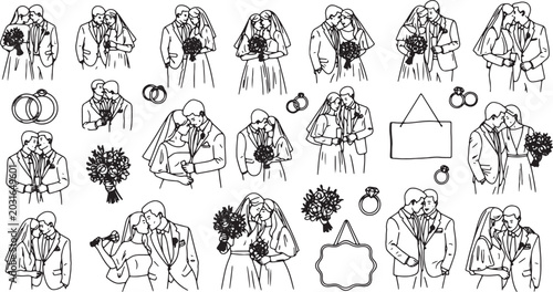Fotografie Minimalist Wedding Couple Silhouettes in Line Art Icon Set for Bridal Decor