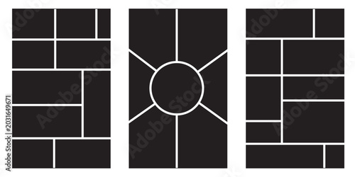 Image collage layout template. Beige mosaic mood board grid collection. Picture frame set. Photo album idea for banner, poster, comic page, flyer, brochure, booklet, memory wall design. Vector pack