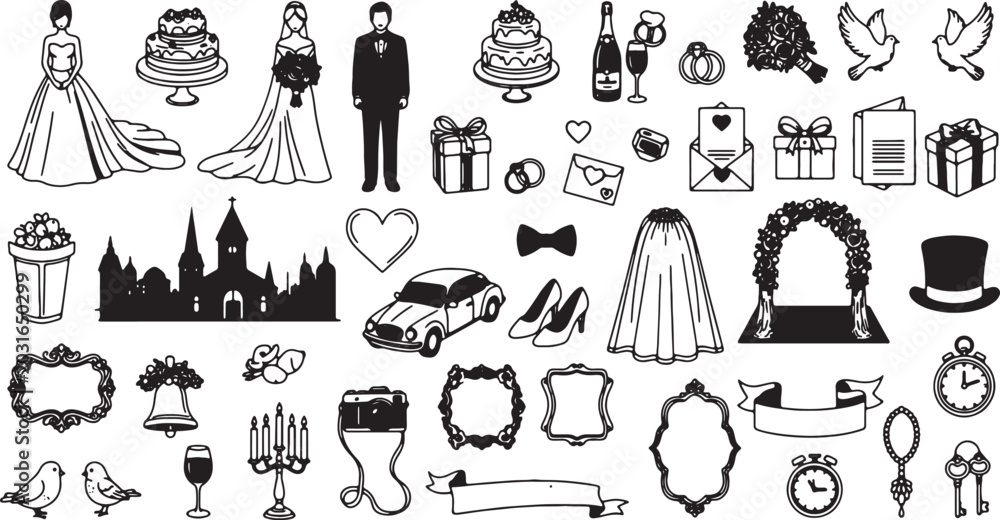 Obraz premium Collection of wedding and marriage icons in elegant line art style for celebrations