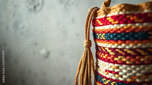 A vibrant Colombian handwoven bag with intricate patterns, close-up view.