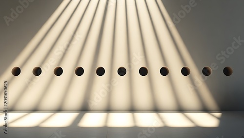 Sunlight beams through circular holes, creating rhythmic light patterns.