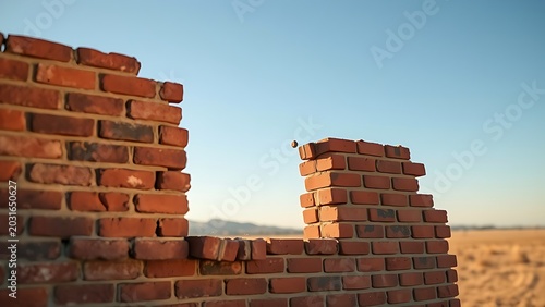 A brick wall section removed, revealing blue sky and open landscape.