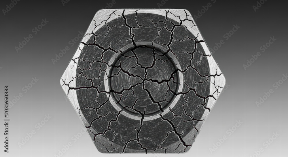 Fototapeta premium Extreme macro shot of a cracked hexagonal bolt head showing material fatigue