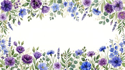 Watercolor floral border frame with purple and blue flowers, eucalyptus leaves, and gold accents