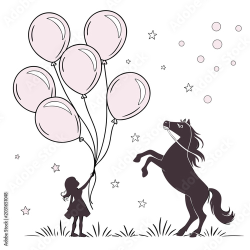silhouette of a girl holding balloons and a rearing unicorn vector illustration with stars