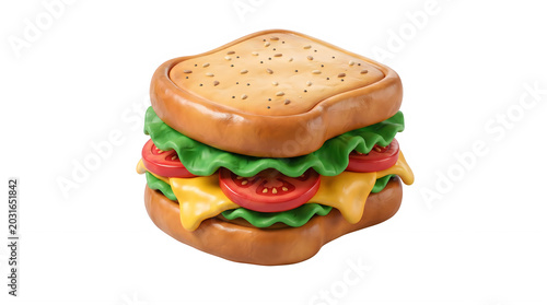 3D Stylized Sandwich with Lettuce Tomato and Cheese on White