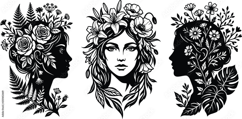 Obraz premium Three black and white floral head silhouettes isolated on transparent background