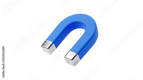 Blue Horseshoe Magnet with North and South Poles on White Background