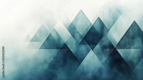 Geometric abstraction features translucent triangles in muted steel blue and sage green on white background, arranged in a diagonal pattern from bottom left to top right