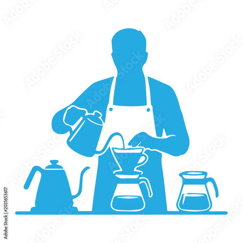Photography Silhouette of a male barista pouring hot water from a gooseneck kettle for v60 h