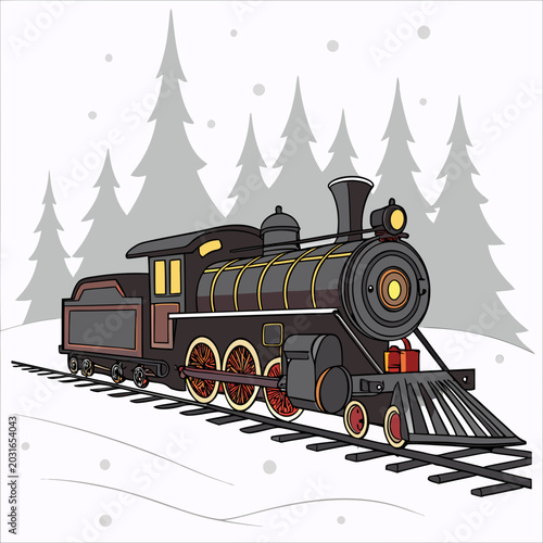 Bild auf Leinwand black steam locomotive with red accents traveling on tracks in a winter landscap