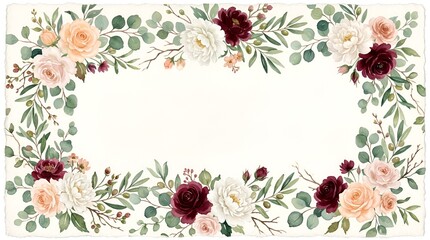 Elegant Floral Border Frame with Roses and Eucalyptus Leaves