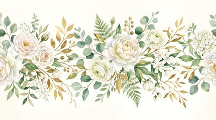 Elegant Watercolor Floral Border with White Roses and Greenery