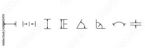 Fotografía Vector illustration of engineering blueprint symbols for dimensioning including linear vertical horizontal angular arc radius and thickness measurement indicator lines