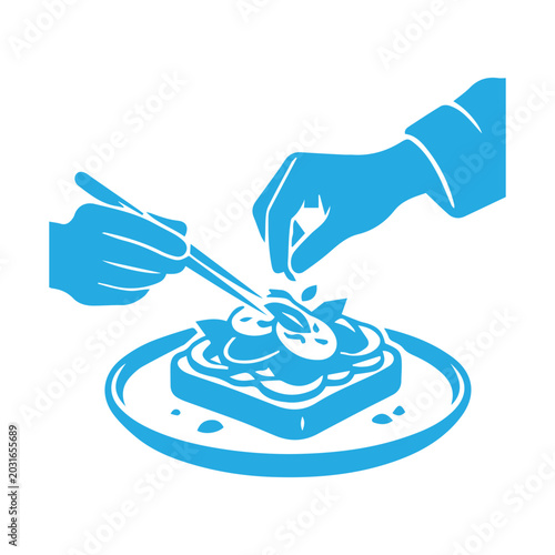 Photography Silhouette of hands styling food decoration and plating a gourmet toast breakfas
