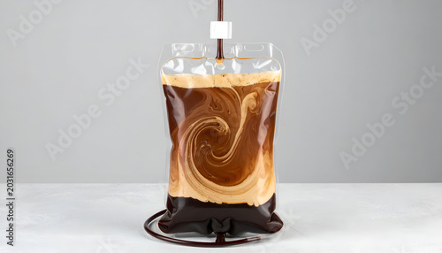 Coffee and cream swirling in a medical IV bag high contrast artistic beverage concept