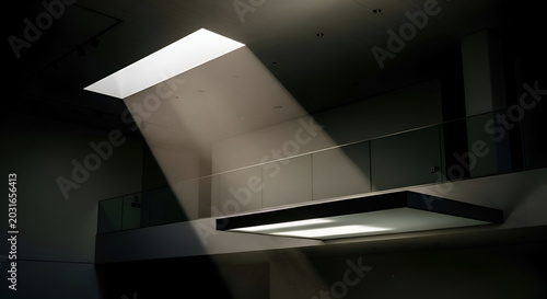 Dramatic shaft of sunlight illuminates modern interior architecture with geometric light patterns