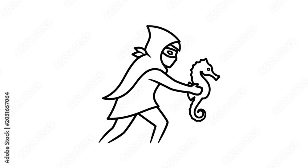 Fototapeta premium Mysterious Ninja Steals Seahorse in Whimsical Line Art
