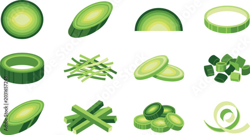 Cuadro en lienzo Leek Green Onion and Scallion Slice Cut Vector Icon Set Featuring Round Diagonal