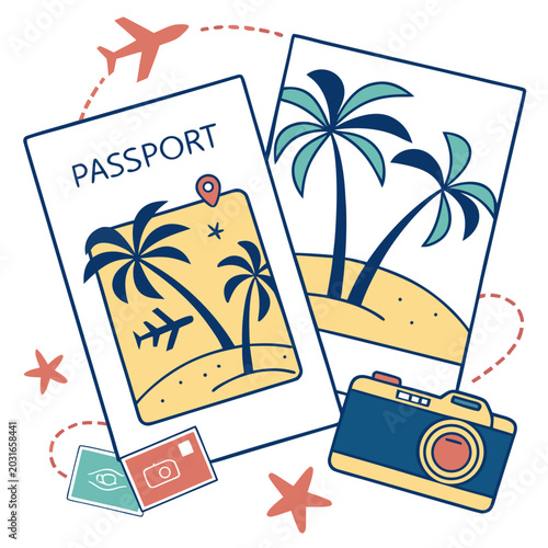 Tableau sur toile Travel essentials with passport camera and tropical vacation photos for summer h