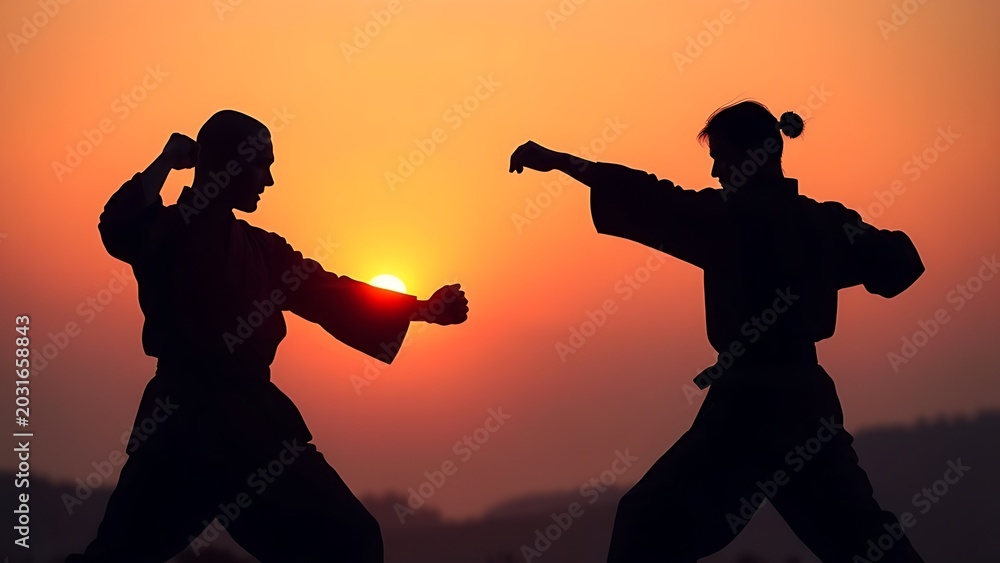 Fototapeta premium Silhouette of two martial artists sparring at sunset