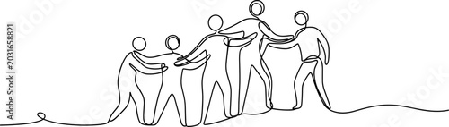 Fotografie Teamwork illustration, five people supporting each other in continuous line art