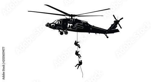 Fotografia Military helicopter with rappelling soldiers in black silhouette