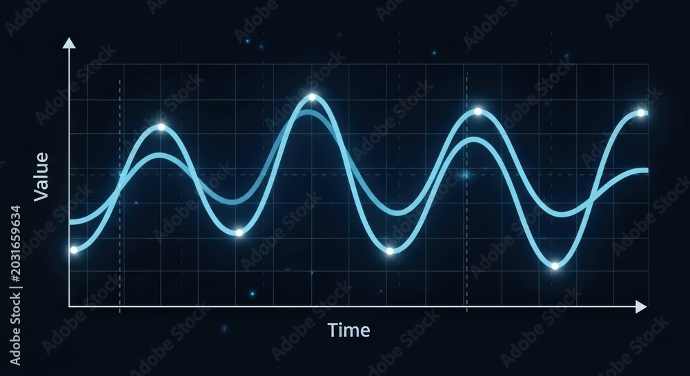 Fototapeta premium Digital graph showing two glowing blue wavy lines representing data values over time on a dark background with sparkling particles.