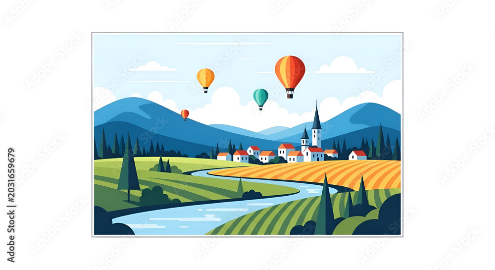 Fototapeta premium Scenic village with hot air balloons flying over rolling hills and river illustration