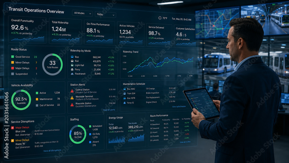 Transit Operations Manager Monitoring Public Transportation Data on Digital Dashboard