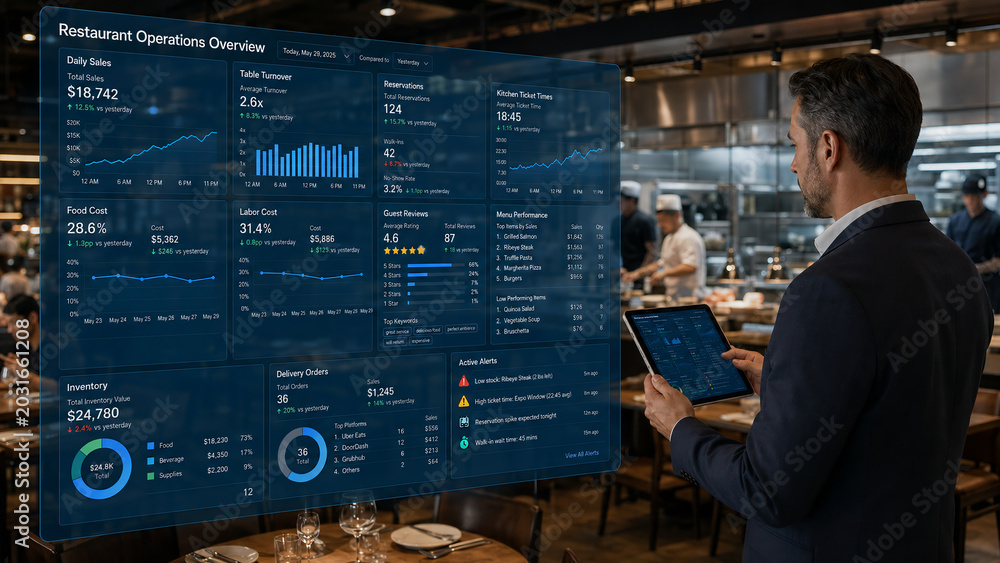 Restaurant Manager Analyzing Business Operations and Sales Data on Futuristic Digital Dashboard and Tablet